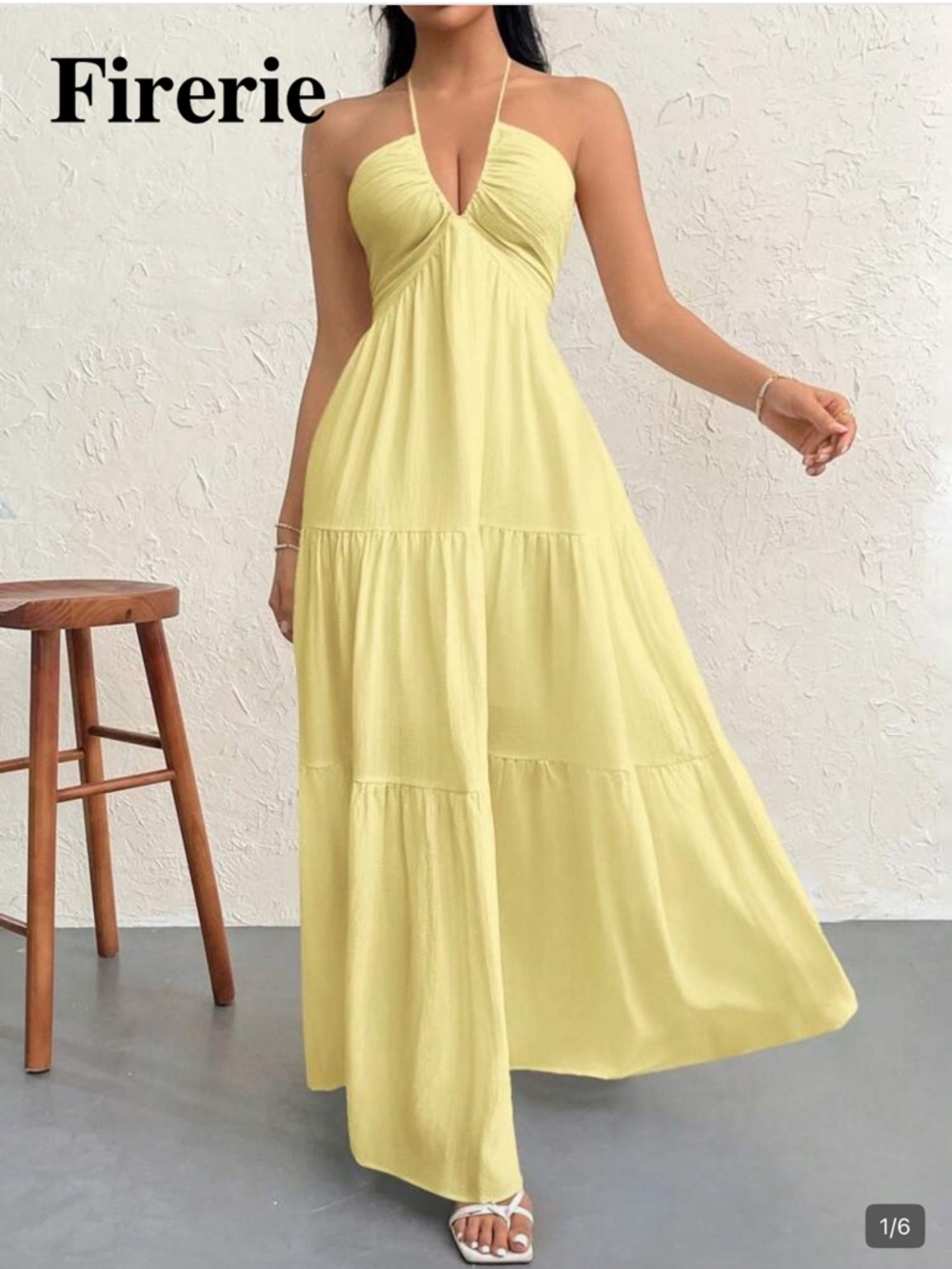 SHEIN Light Yellow Halter Tiered Maxi Dress
